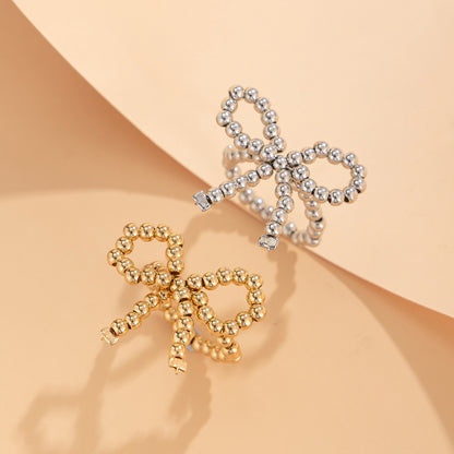 Sweet and Cool Metal Bow Rings Women's Pearl Beaded Open End Rings Bow Rings