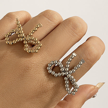 Sweet and Cool Metal Bow Rings Women's Pearl Beaded Open End Rings Bow Rings