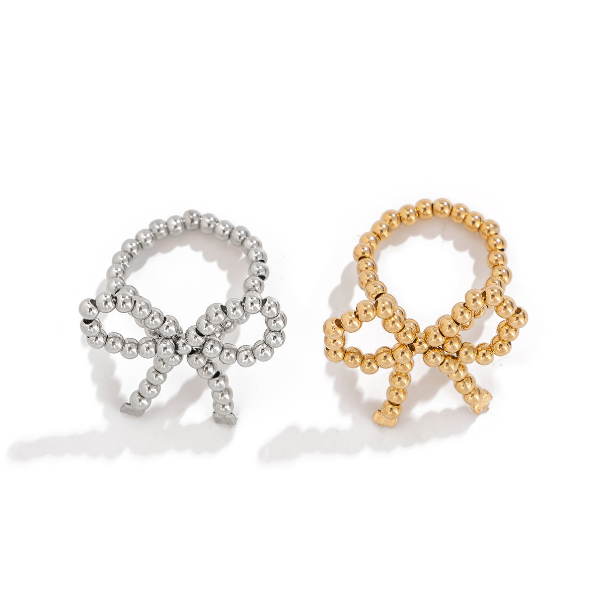 Sweet and Cool Metal Bow Rings Women's Pearl Beaded Open End Rings Bow Rings